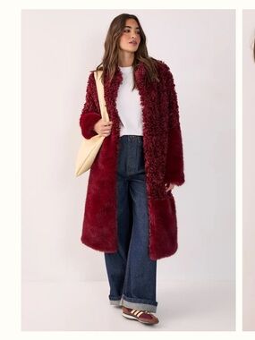 Nasty Gal Burgundy Faux Fur Long Coat